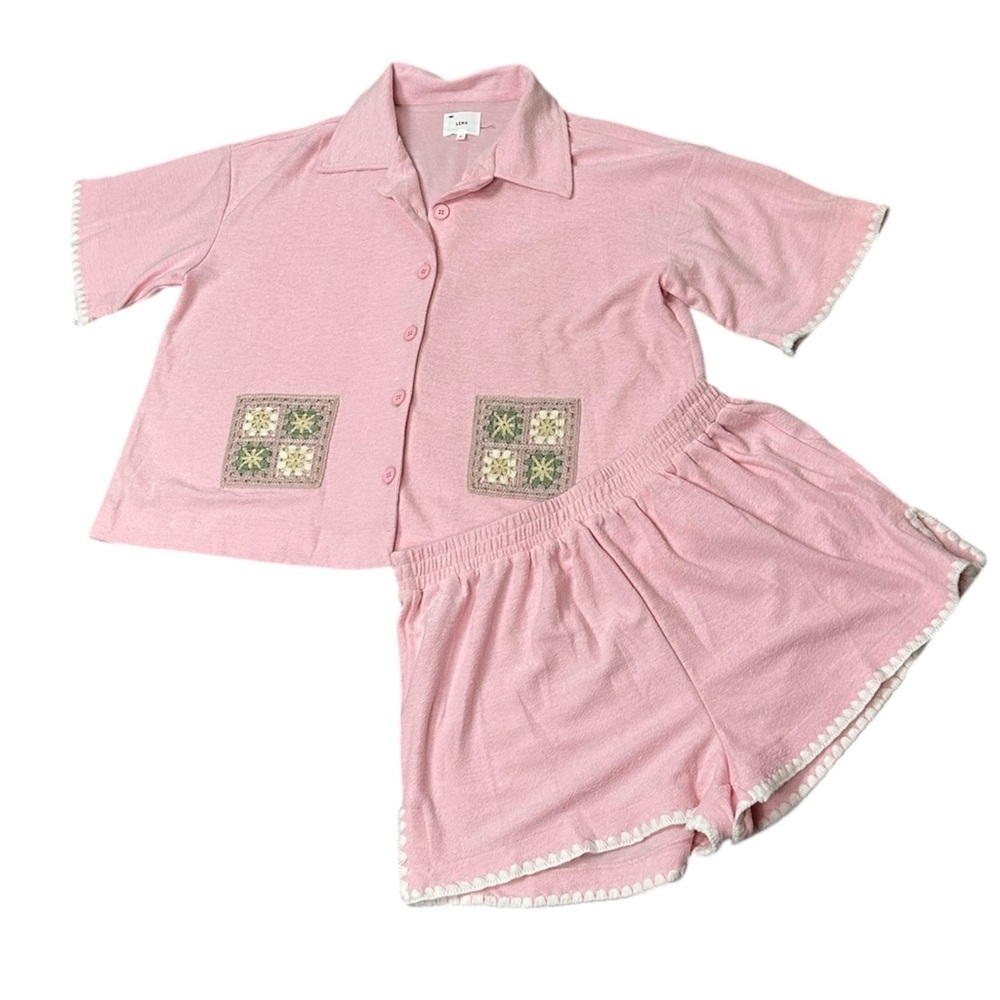 Lena Two Piece Grannycore Pink Terry Lounge Set Crochet Details Size Large NWOT